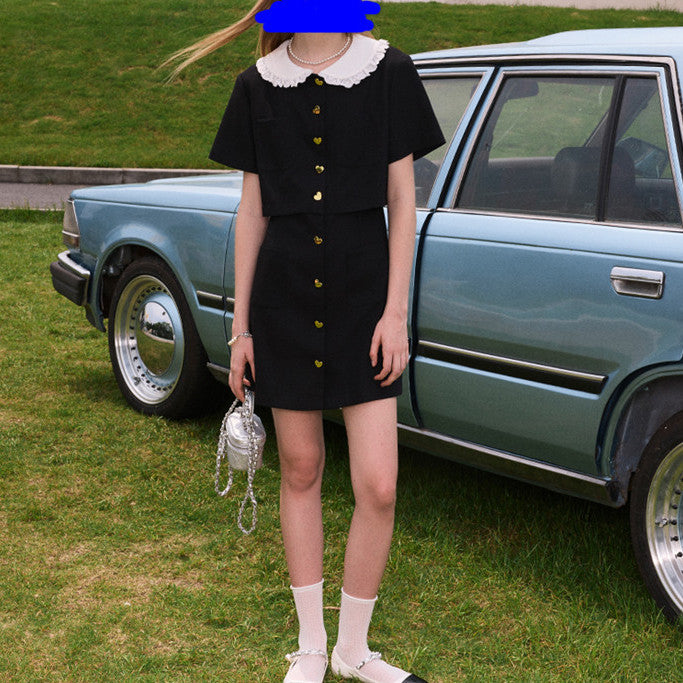 Fake Two Black Doll Collar Waist Slim Temperament Dress